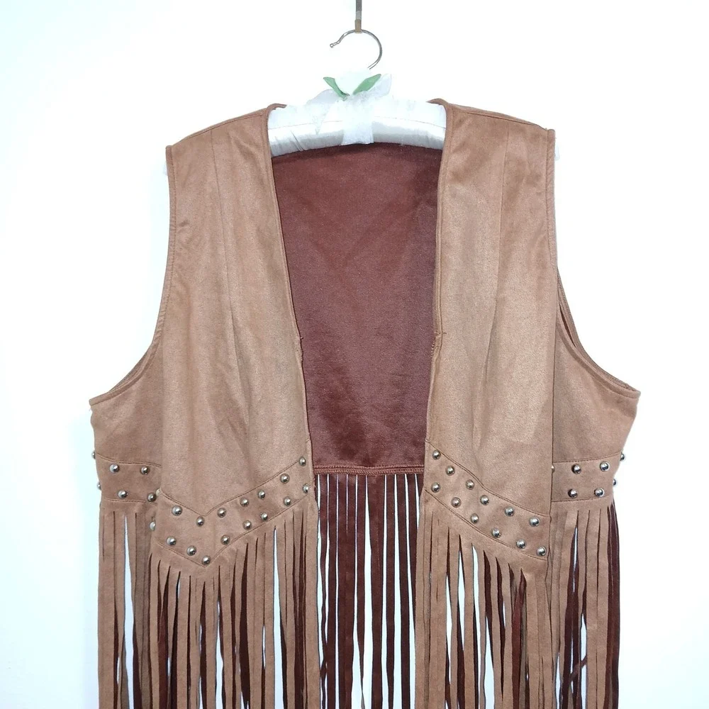 Country Western Fringe Vest 3XL Tan Women Studded Faux Suede Cowgirl Rodeo Ranch